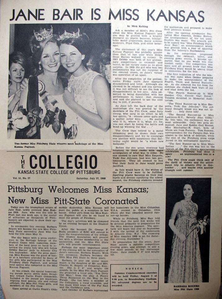 #108 Miss Kansas 1967 and Miss America 1968 Debbie Barnes crowns Miss Kansas 1968, Jane Bare from Parsons. Robbie Brewer also from Parsons is first runnerup 