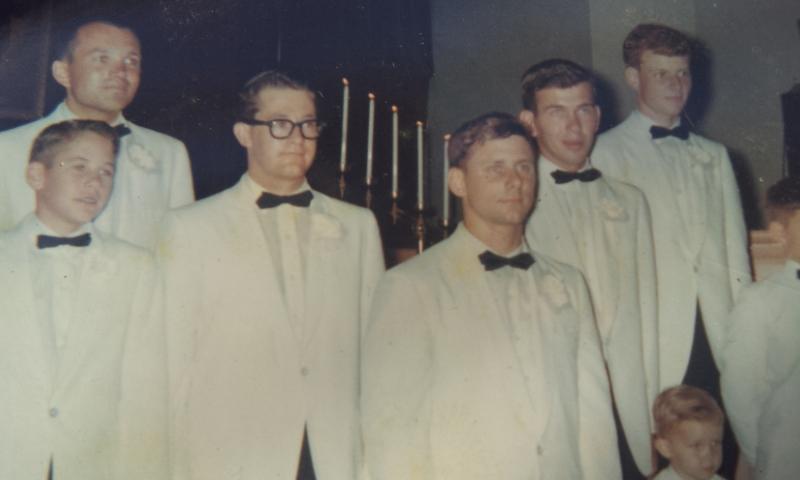 #195 L TO R ADULTS, SAM LANE, GENE TOLMAN, JOHNNY LINDEN, STEVE COOPER, T J AUSTIN, 6-25-1966 EUB CHURCH PARSONS KANSAS