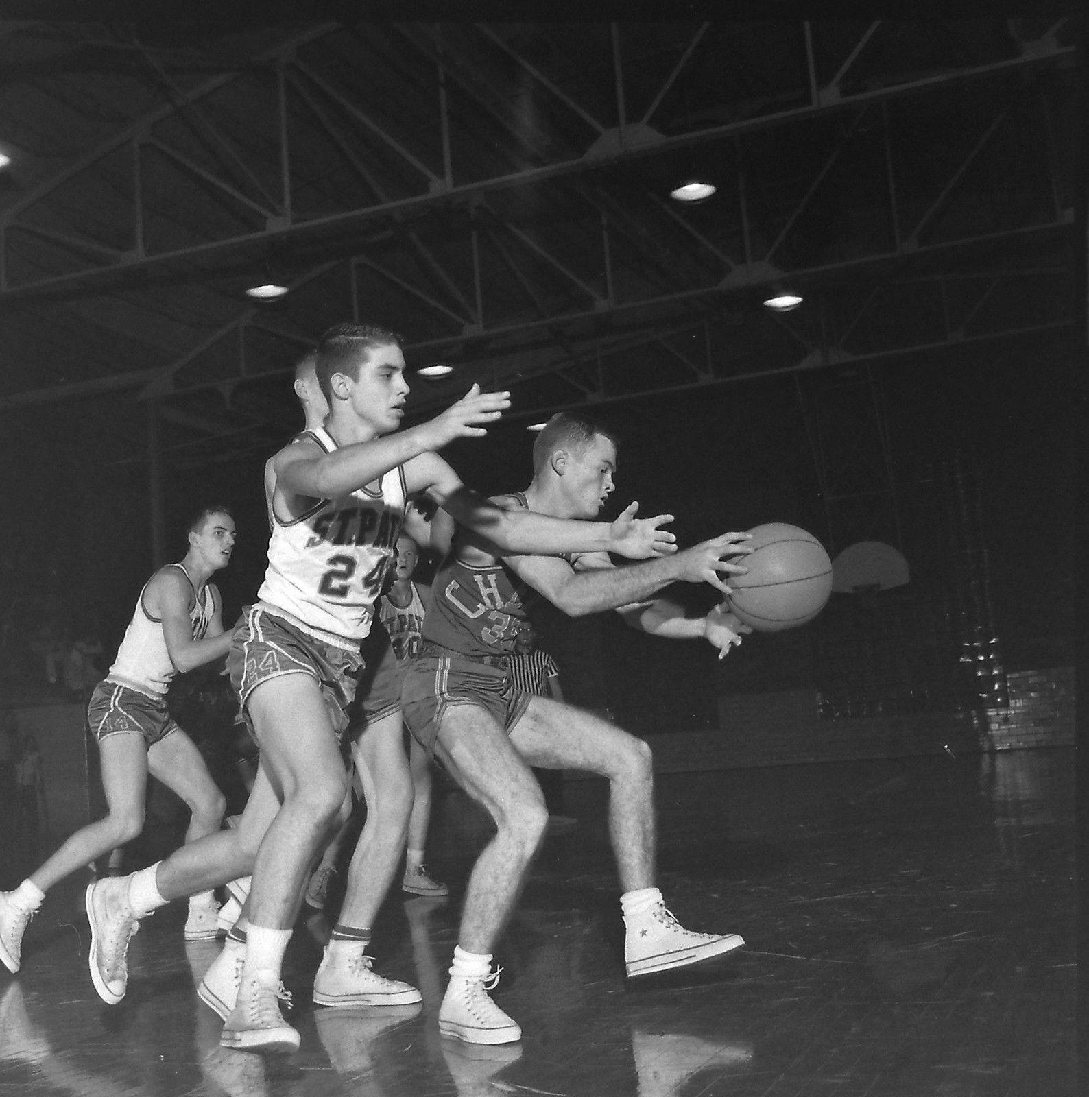 #77 Dick Horton L front, L rear Dr J, Dr. Jack Finnerty leading scorer & rebounder Parsons St. Patricks H. S. 61/62 Dr. J roomed at college with David Brenner of the Parsons Army Reserve Center and my best friend